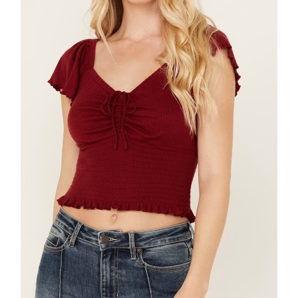 Boho Western Dark Red Crop Top Flutter Sleeve Idyllwind XS